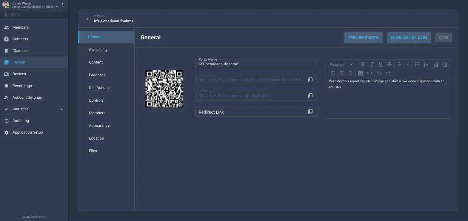 A portal's General configuration tab showing the portal name, portal link, short link, redirect link, a QR code, a rich-text description editor, and tabs for Availability, Content, Feedback, Call Actions, Controls, Members, Appearance, Location and Files