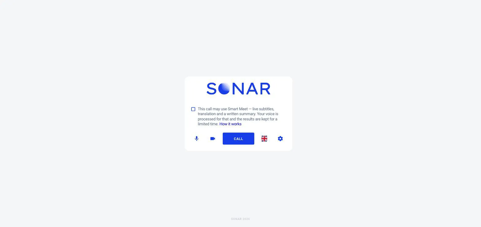 A branded portal entry screen showing the Sonar logo, microphone and camera toggle buttons, a large blue Call button, and a settings button