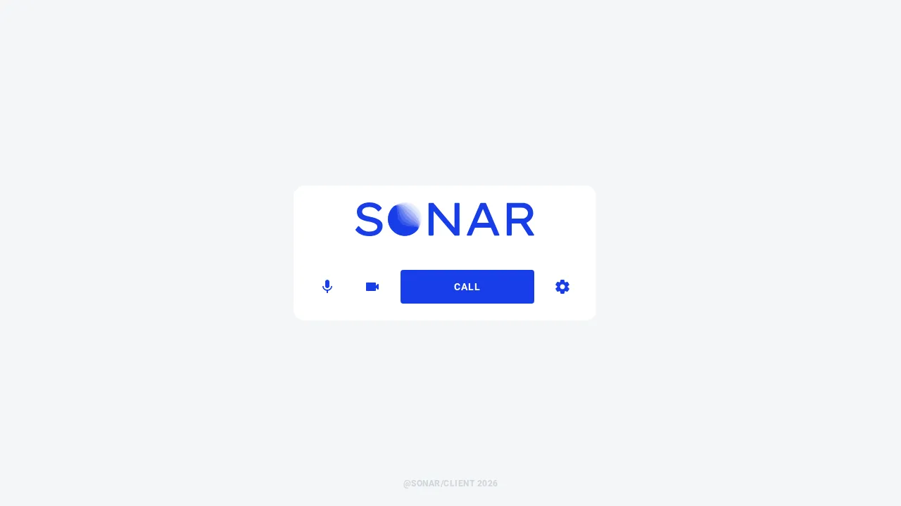 A branded portal entry screen showing the Sonar logo, microphone and camera toggle buttons, a large blue Call button, and a settings button