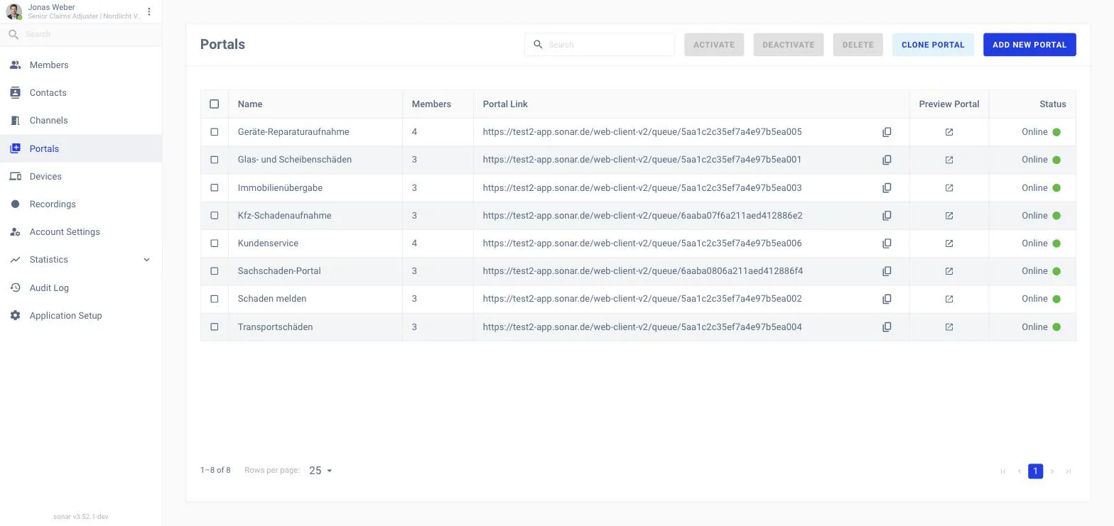 The back-office Portals list with two portals, each showing member count, portal link, a preview action and an Online status, plus Add New Portal and Clone Portal actions