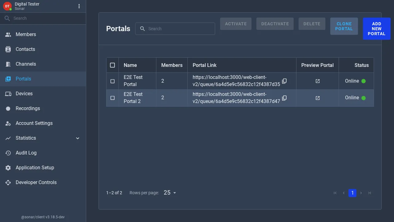 The back-office Portals list with two portals, each showing member count, portal link, a preview action and an Online status, plus Add New Portal and Clone Portal actions