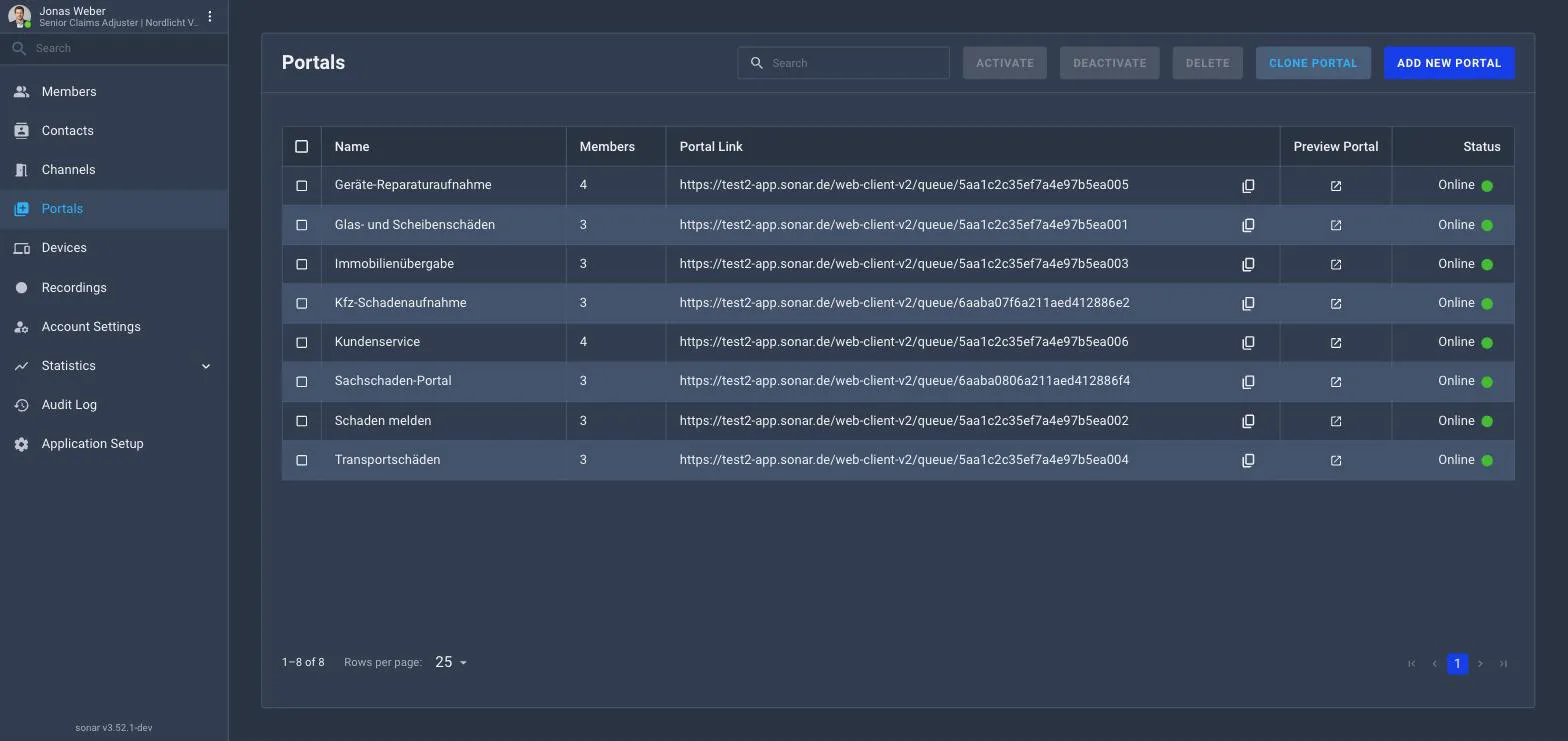 The back-office Portals list with two portals, each showing member count, portal link, a preview action and an Online status, plus Add New Portal and Clone Portal actions