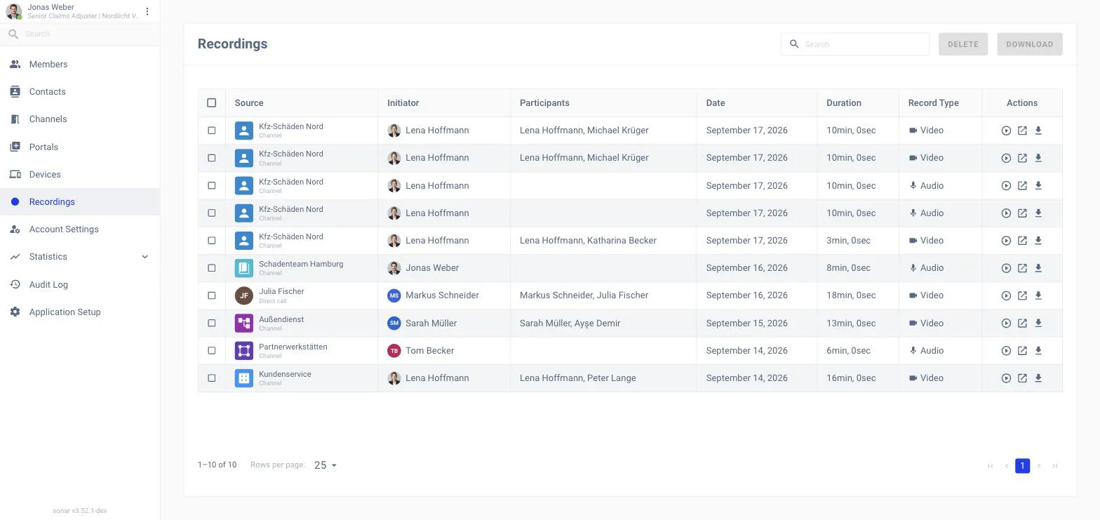 The Recordings list with columns for FileName, Initiator, Participants, Date, Duration, Record Type and a Download action, showing video and audio recordings
