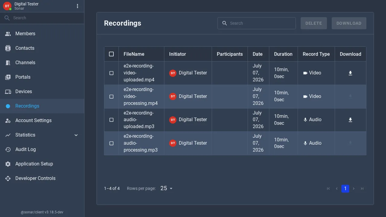 The Recordings list with columns for FileName, Initiator, Participants, Date, Duration, Record Type and a Download action, showing video and audio recordings