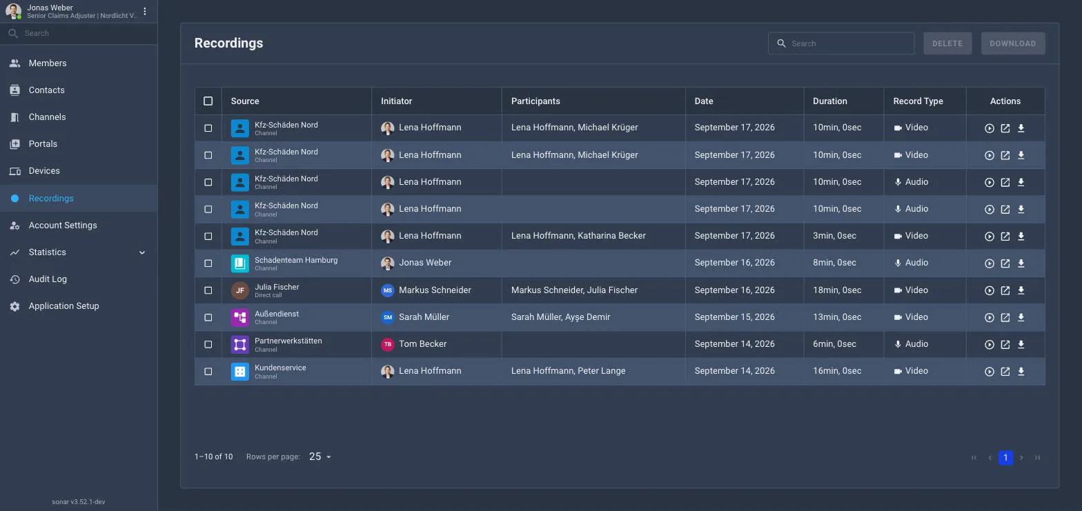 The Recordings list with columns for FileName, Initiator, Participants, Date, Duration, Record Type and a Download action, showing video and audio recordings