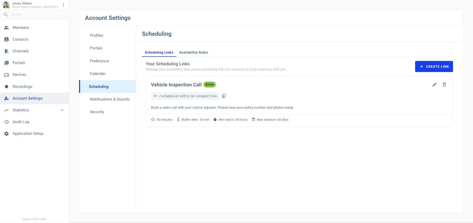 The Scheduling tab of Account Settings with Scheduling Links and Availability Rules sub-tabs, a Your Scheduling Links heading, a Create Link button, and an empty state