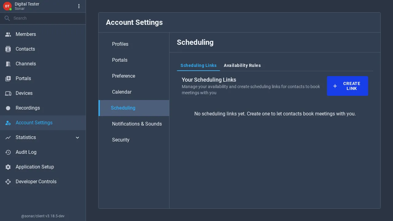 The Scheduling tab of Account Settings with Scheduling Links and Availability Rules sub-tabs, a Your Scheduling Links heading, a Create Link button, and an empty state
