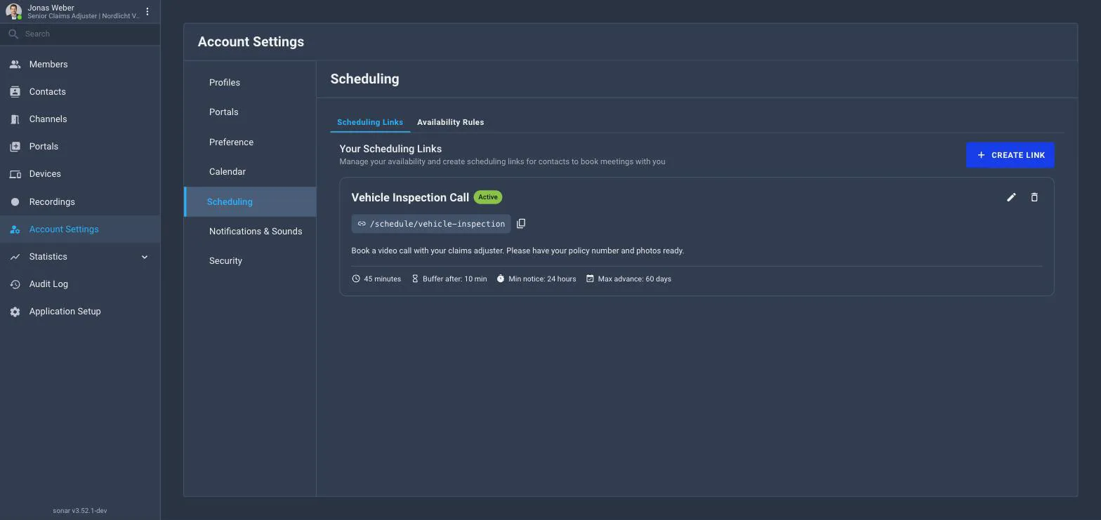 The Scheduling tab of Account Settings with Scheduling Links and Availability Rules sub-tabs, a Your Scheduling Links heading, a Create Link button, and an empty state