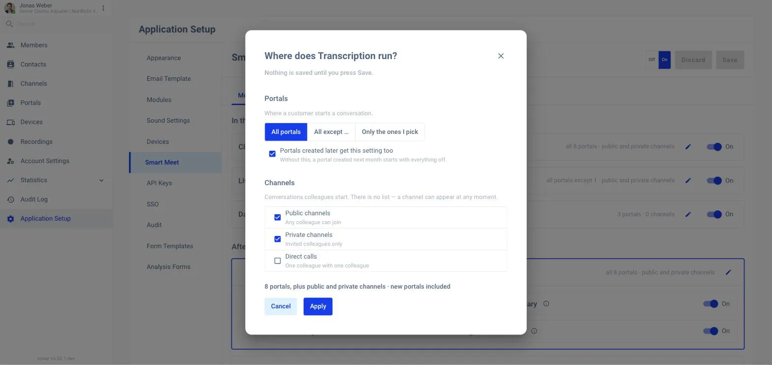 The Where does Transcription run? dialog with portal mode set to All portals, a searchable portal list, the inherit-new-portals checkbox and the three channel-type switches