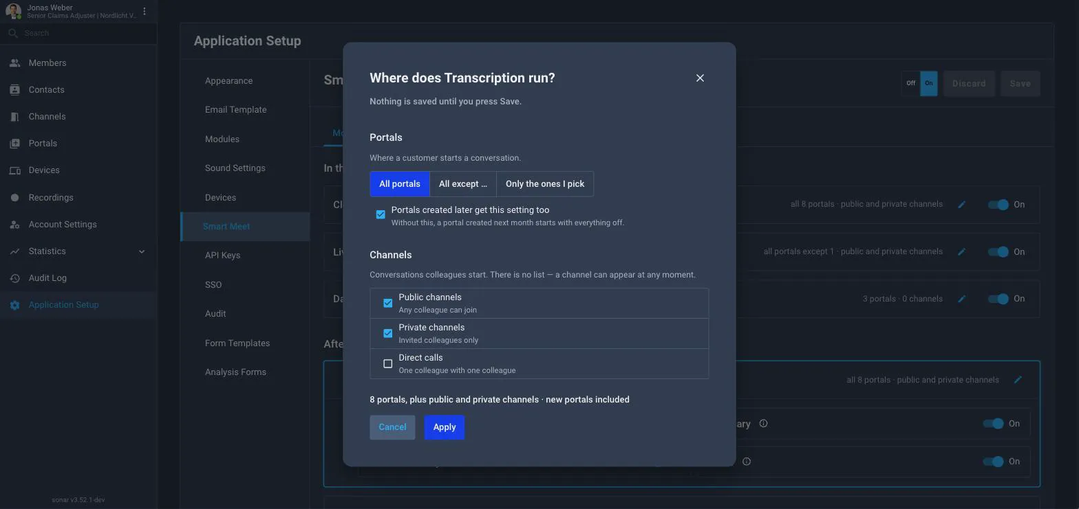 The Where does Transcription run? dialog with portal mode set to All portals, a searchable portal list, the inherit-new-portals checkbox and the three channel-type switches