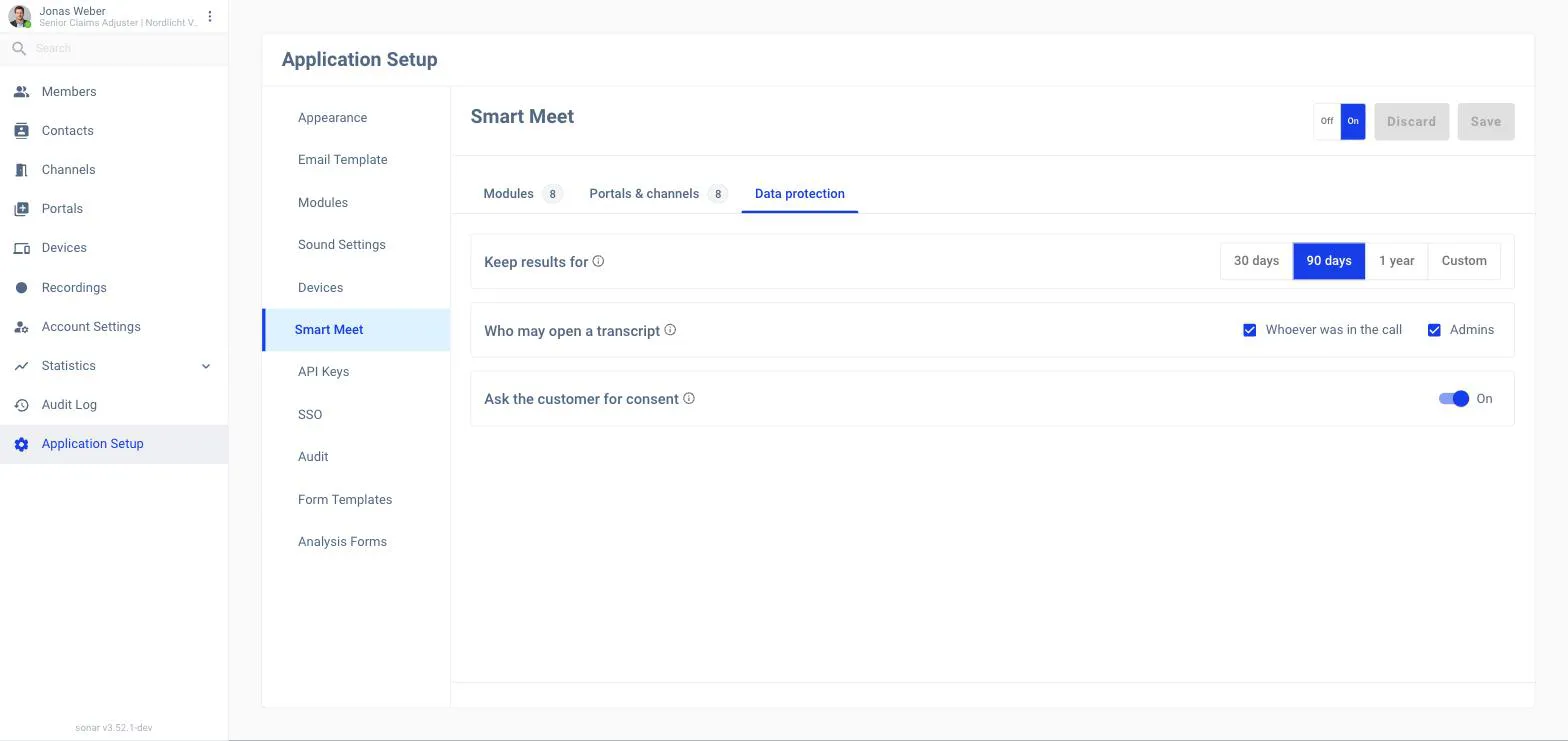 The Data protection tab with Keep results for set to 90 days, Who may open a transcript with Whoever was in the call and Admins ticked, and Ask the customer for consent switched on