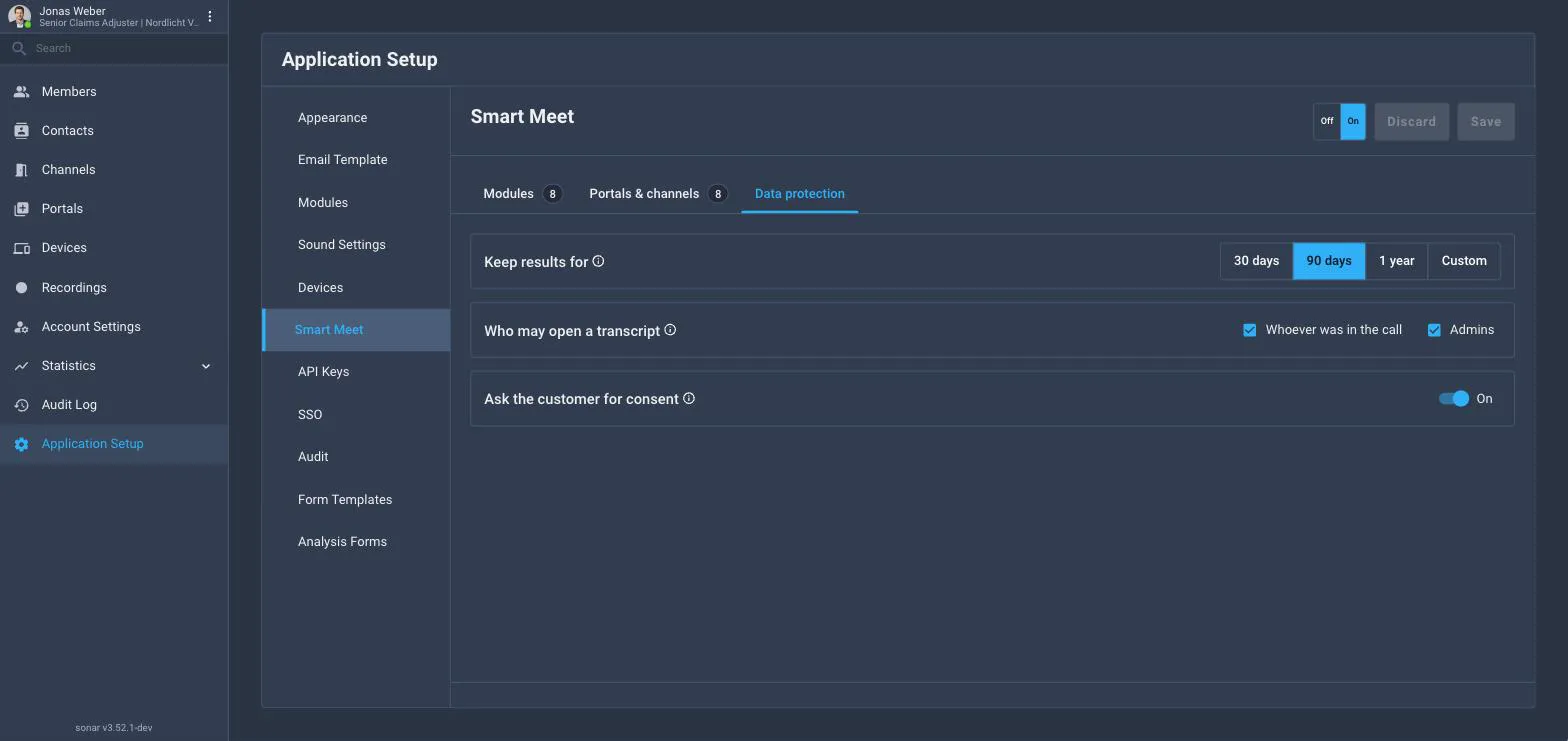 The Data protection tab with Keep results for set to 90 days, Who may open a transcript with Whoever was in the call and Admins ticked, and Ask the customer for consent switched on