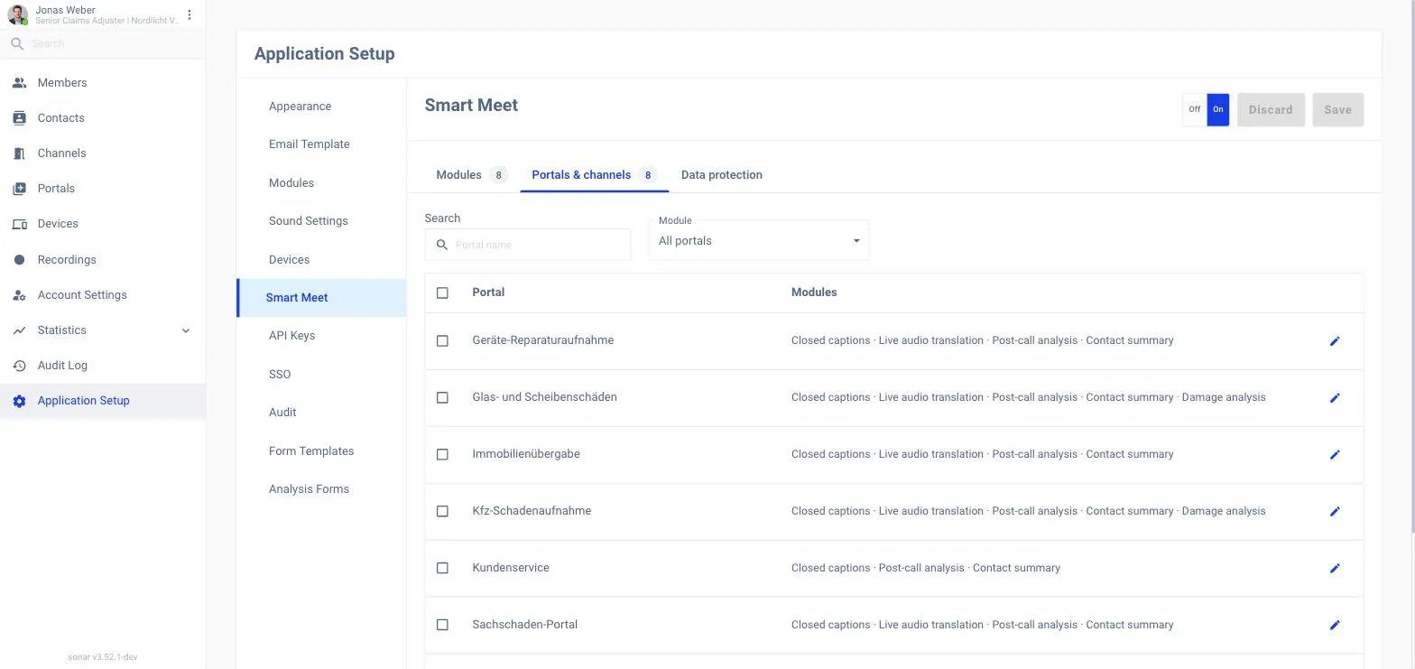 The Portals & channels tab with a portal name search, a Module filter and a table listing each portal with the modules that run there and a pencil to edit them