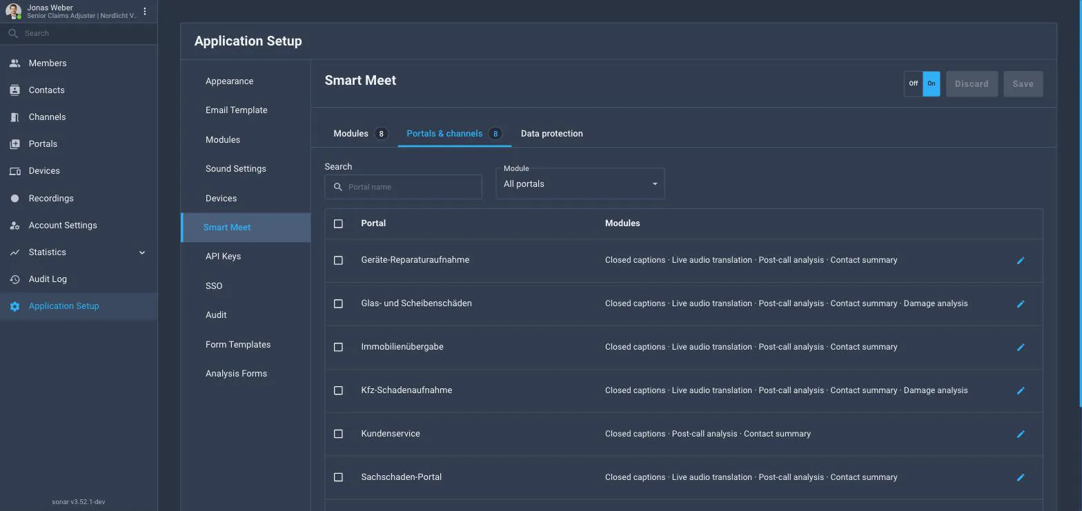 The Portals & channels tab with a portal name search, a Module filter and a table listing each portal with the modules that run there and a pencil to edit them