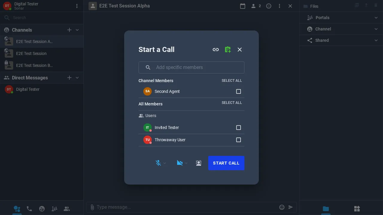 The Start a Call dialog listing channel members and all members with checkboxes, a member search, microphone, camera and background buttons, and a Start Call button