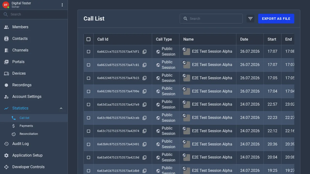The Call List showing columns for Call Id, Call Type, Name, Date, Start and End, with search, filter and Export as File actions