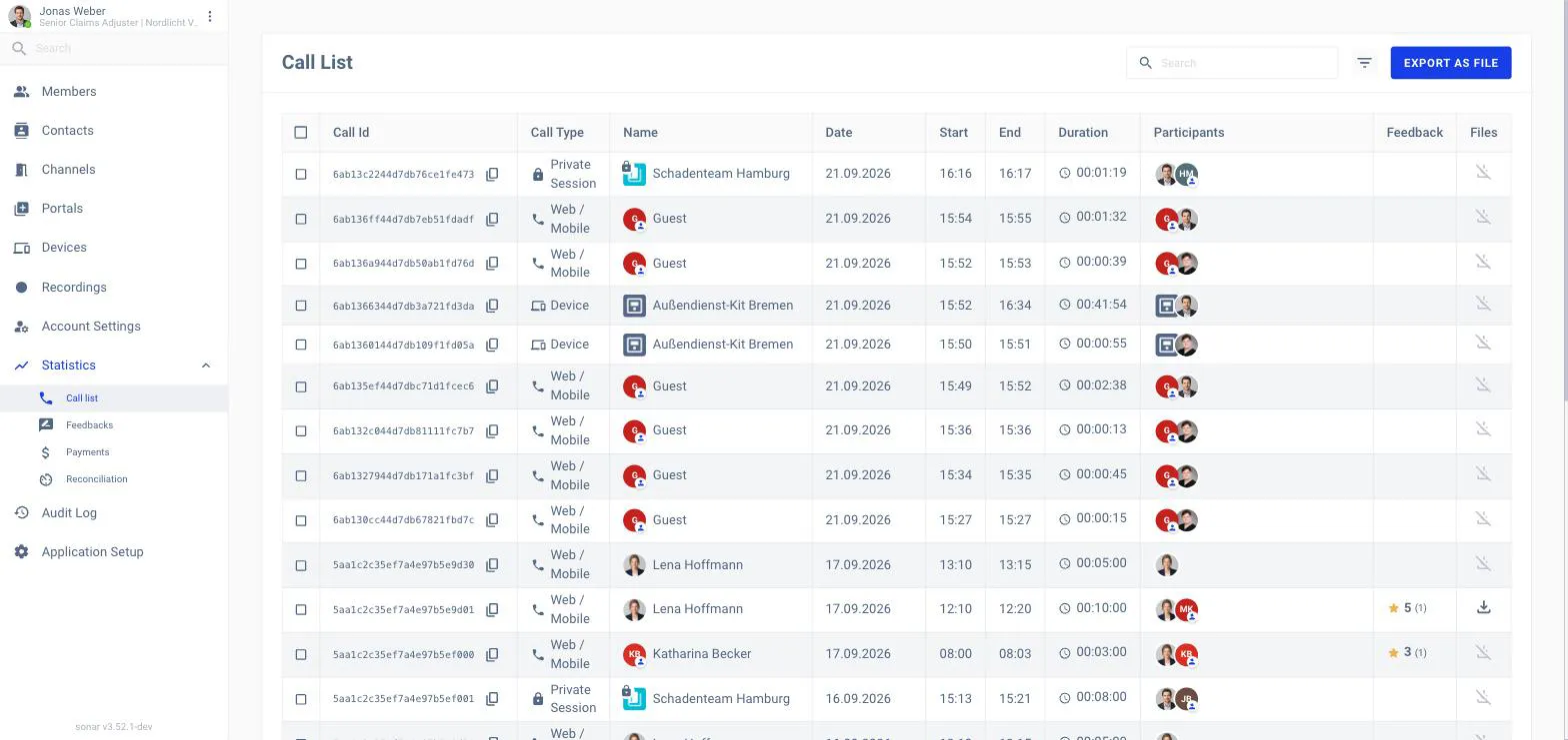 The Call List showing columns for Call Id, Call Type, Name, Date, Start and End, with search, filter and Export as File actions