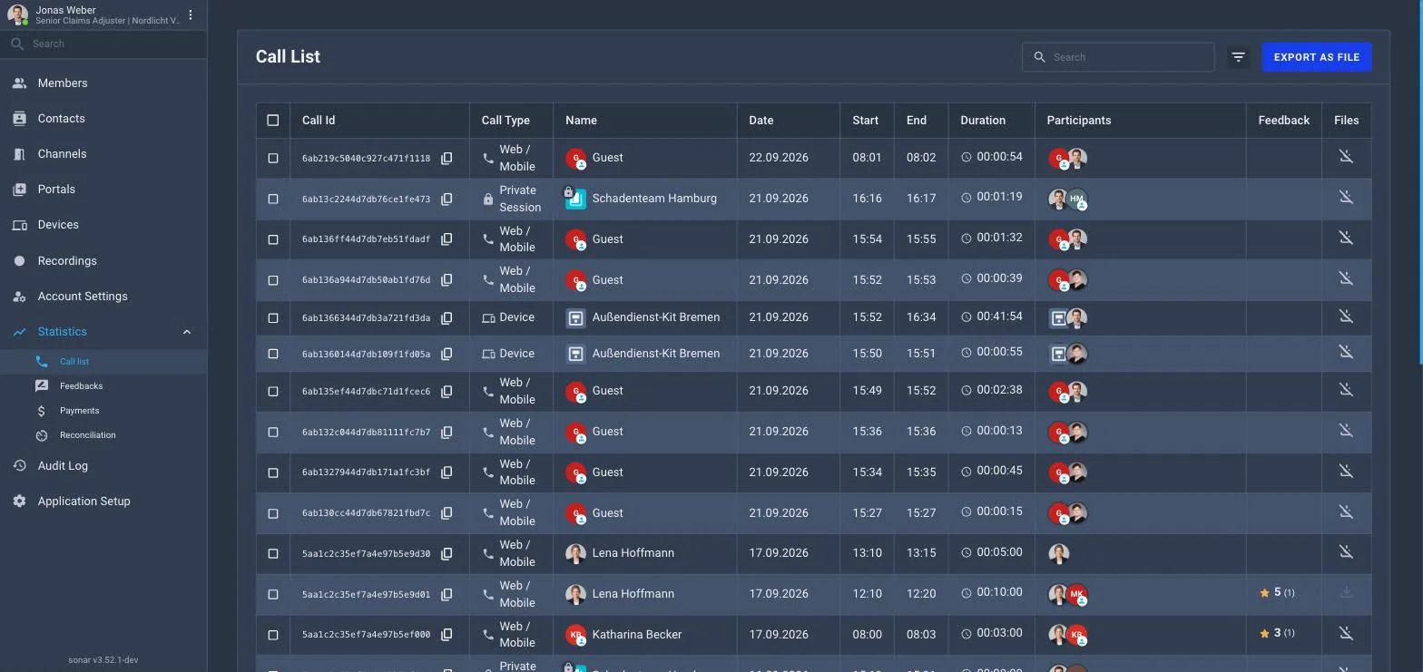 The Call List showing columns for Call Id, Call Type, Name, Date, Start and End, with search, filter and Export as File actions